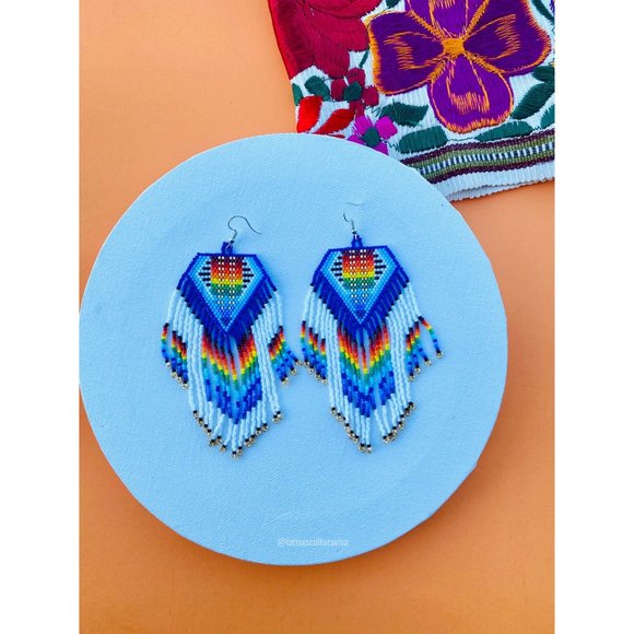 Huichol Earrings, Mexican Earrings, Hand Beaded Earrings, Flower Earrings, Mexic - Picture 2 of 7